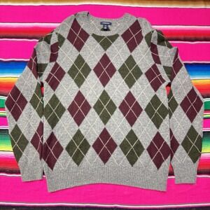 Vintage 90s Lands End Men L 100% Lambswool‎ Grey Argyle Sweater Preppy Grunge